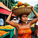 **

"A vibrant Balinese market scene. Focus on the colorful displays of exotic fruits and spices, with a woman carrying a basket on her head. Capture the bustling atmosphere and the sensory overload of the market. In the style of a travel photograph with warm, inviting tones. Market in Ubud, Bali, Indonesia"

**