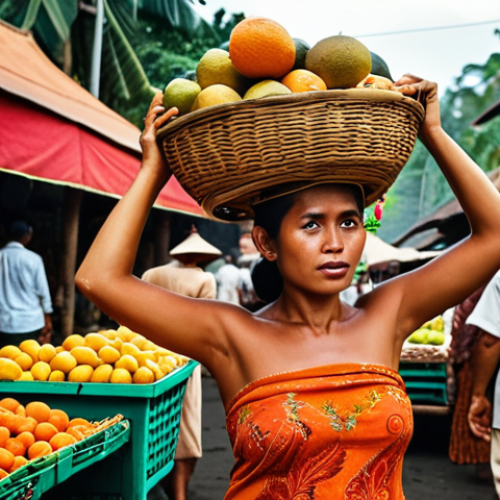 Home 11 **
"A vibrant Balinese market scene. Focus on the colorful displays of exotic fruits and spices, with a woman carrying a basket on her head. Capture the bustling atmosphere and the sensory overload of the market. In the style of a travel photograph with warm, inviting tones. Market in Ubud, Bali, Indonesia"
**