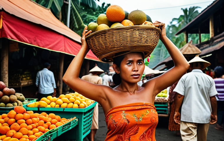 **
"A vibrant Balinese market scene. Focus on the colorful displays of exotic fruits and spices, with a woman carrying a basket on her head. Capture the bustling atmosphere and the sensory overload of the market. In the style of a travel photograph with warm, inviting tones. Market in Ubud, Bali, Indonesia"
**