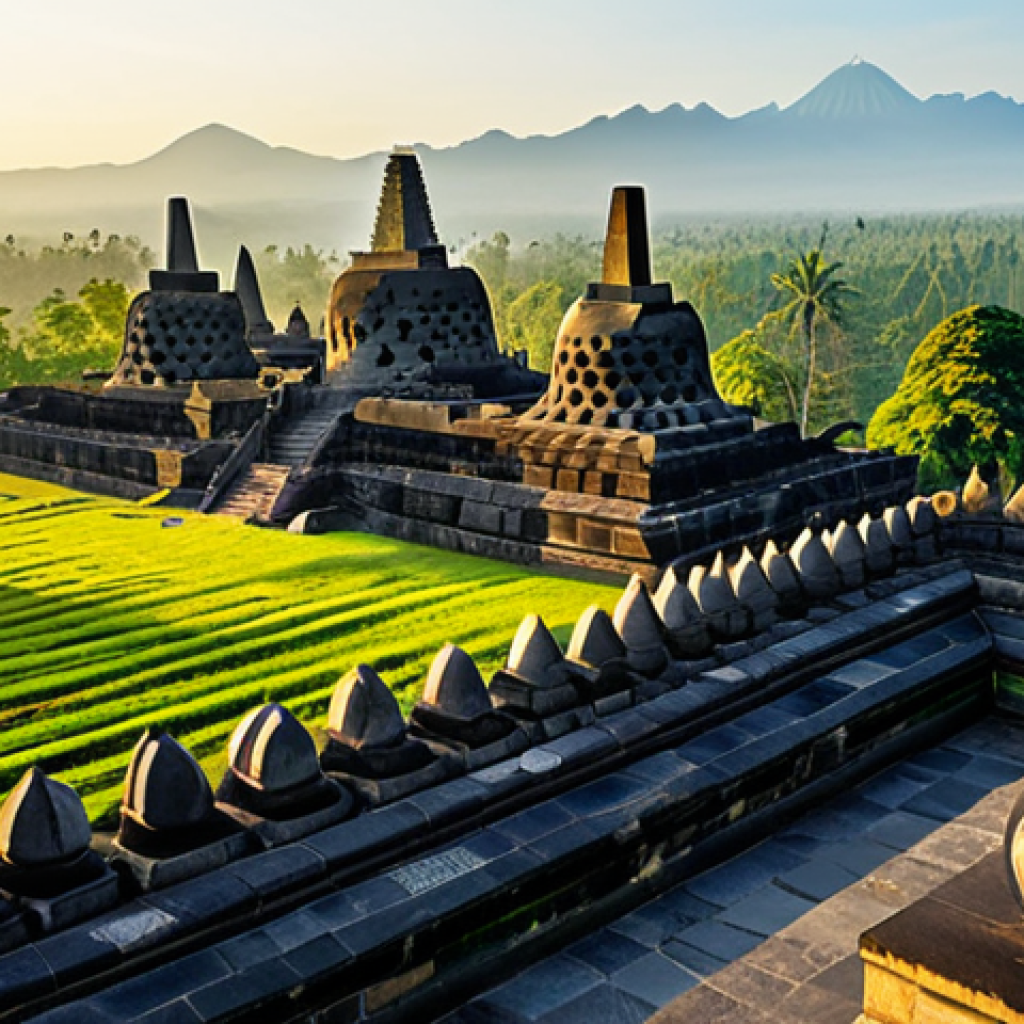 Borobudur Temple at Sunrise**
"The majestic Borobudur temple in Central Java, Indonesia, bathed in the golden light of sunrise, fully clothed tourists admiring the view, stone carvings visible, lush green landscape, safe for work, appropriate content, perfect anatomy, natural proportions, professional photography, high quality, family-friendly, modest clothing, clear sky, ancient architecture."
**