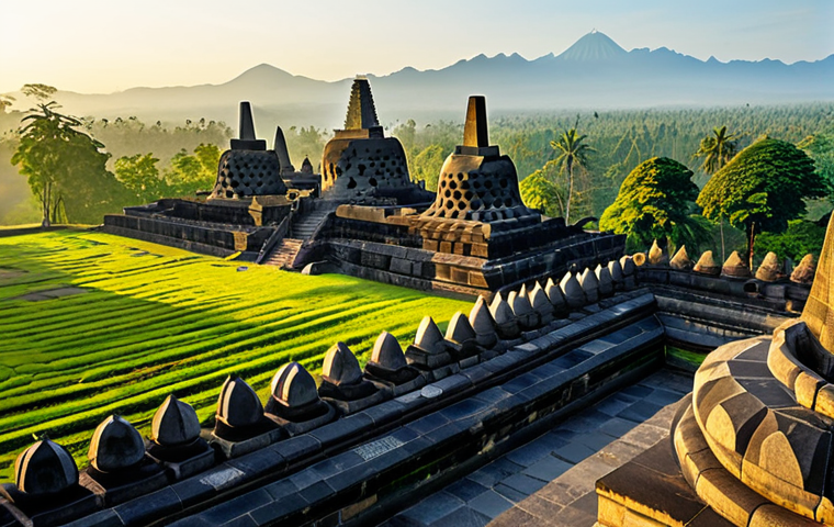 Borobudur Temple at Sunrise**

"The majestic Borobudur temple in Central Java, Indonesia, bathed in the golden light of sunrise, fully clothed tourists admiring the view, stone carvings visible, lush green landscape, safe for work, appropriate content, perfect anatomy, natural proportions, professional photography, high quality, family-friendly, modest clothing, clear sky, ancient architecture."

**