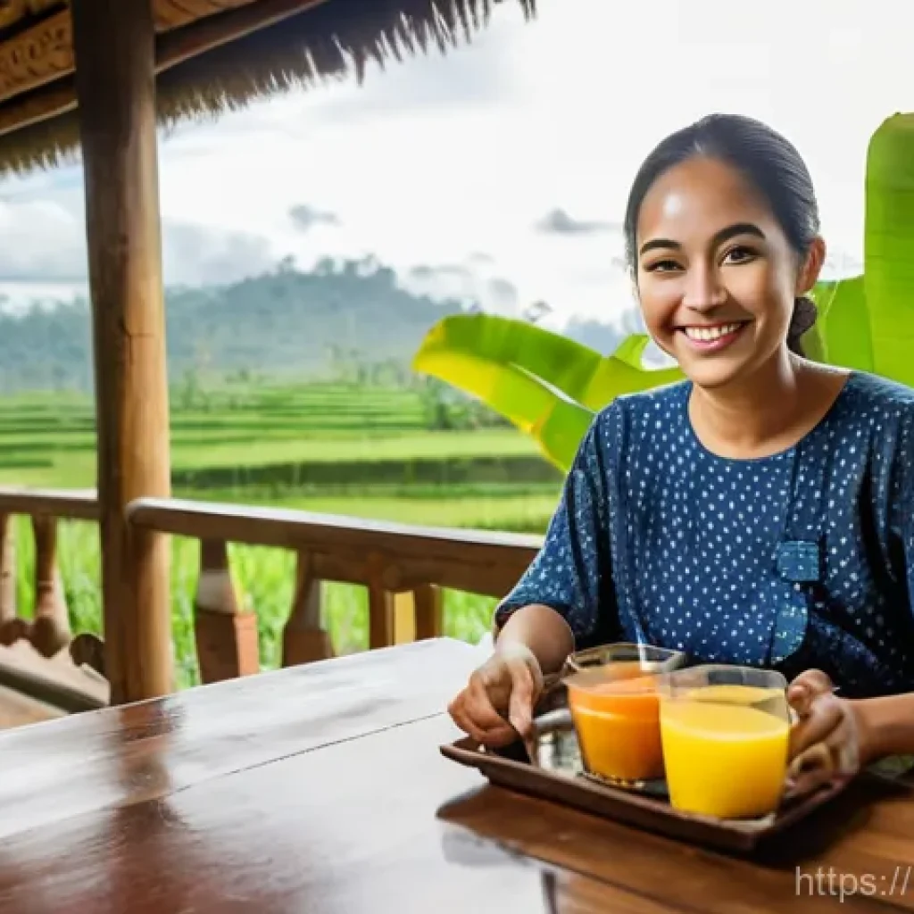 인도네시아 여행 경비 - **"Authentic Indonesian Homestay Breakfast"**: A bright, inviting scene inside a traditional Balines...