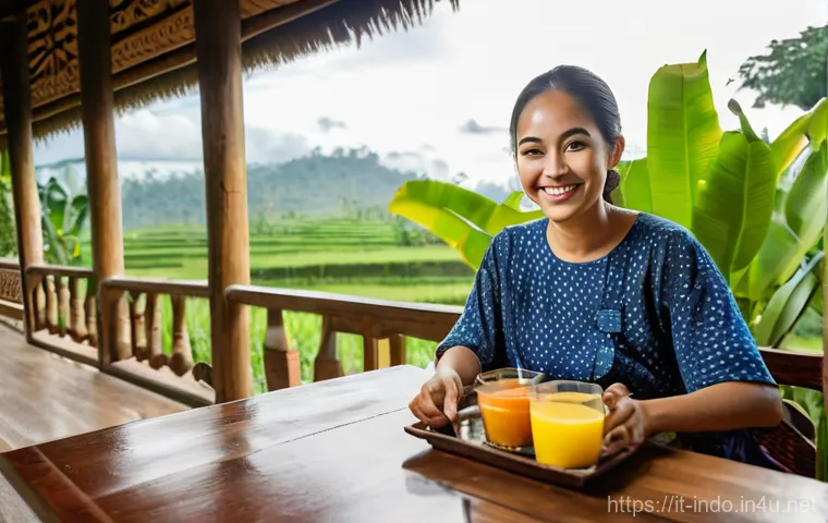 인도네시아 여행 경비 - **"Authentic Indonesian Homestay Breakfast"**: A bright, inviting scene inside a traditional Balines...