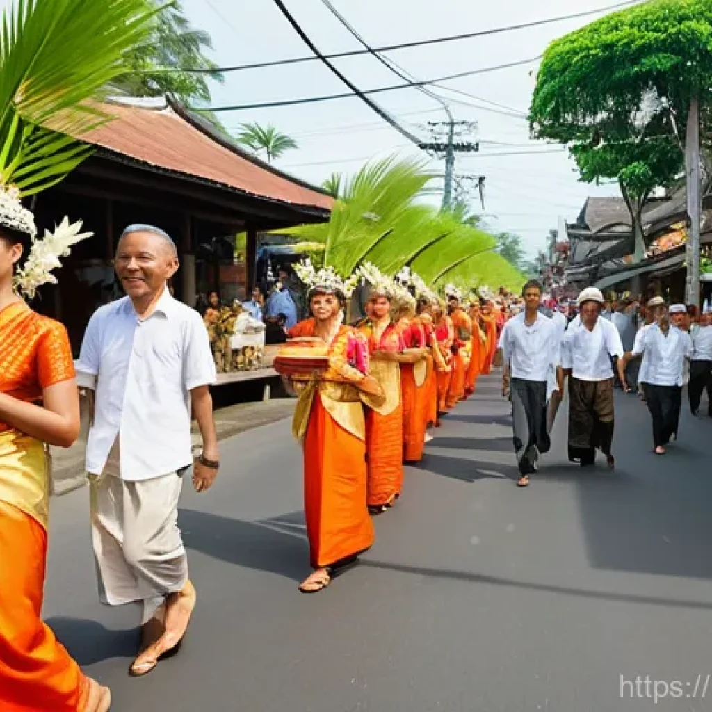 인도네시아의 전통 명절 - **Vibrant Balinese Galungan Celebration:**
    A bustling street scene in a traditional Balinese vil...