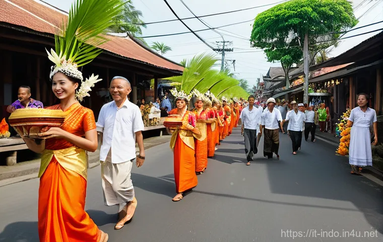 인도네시아의 전통 명절 - **Vibrant Balinese Galungan Celebration:**
    A bustling street scene in a traditional Balinese vil...