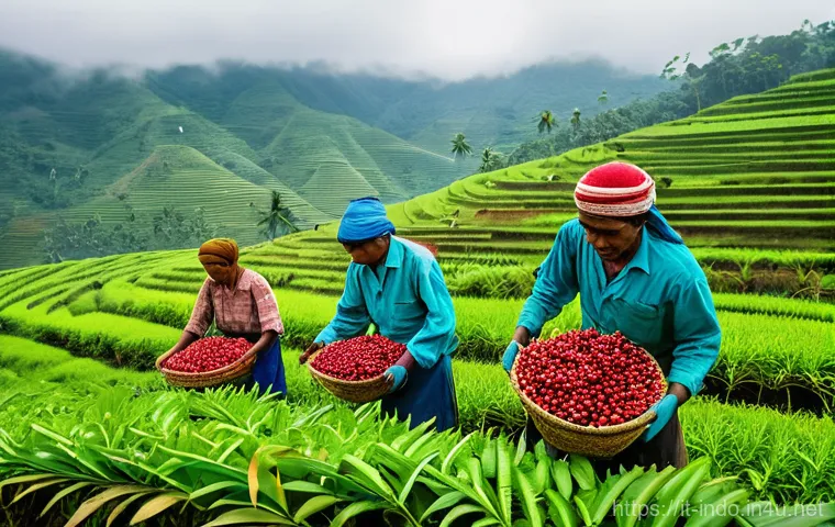 인도네시아의 주요 수출품 - **Prompt 1: "A vibrant, documentary-style photograph showcasing the bounty of Indonesian agriculture...
