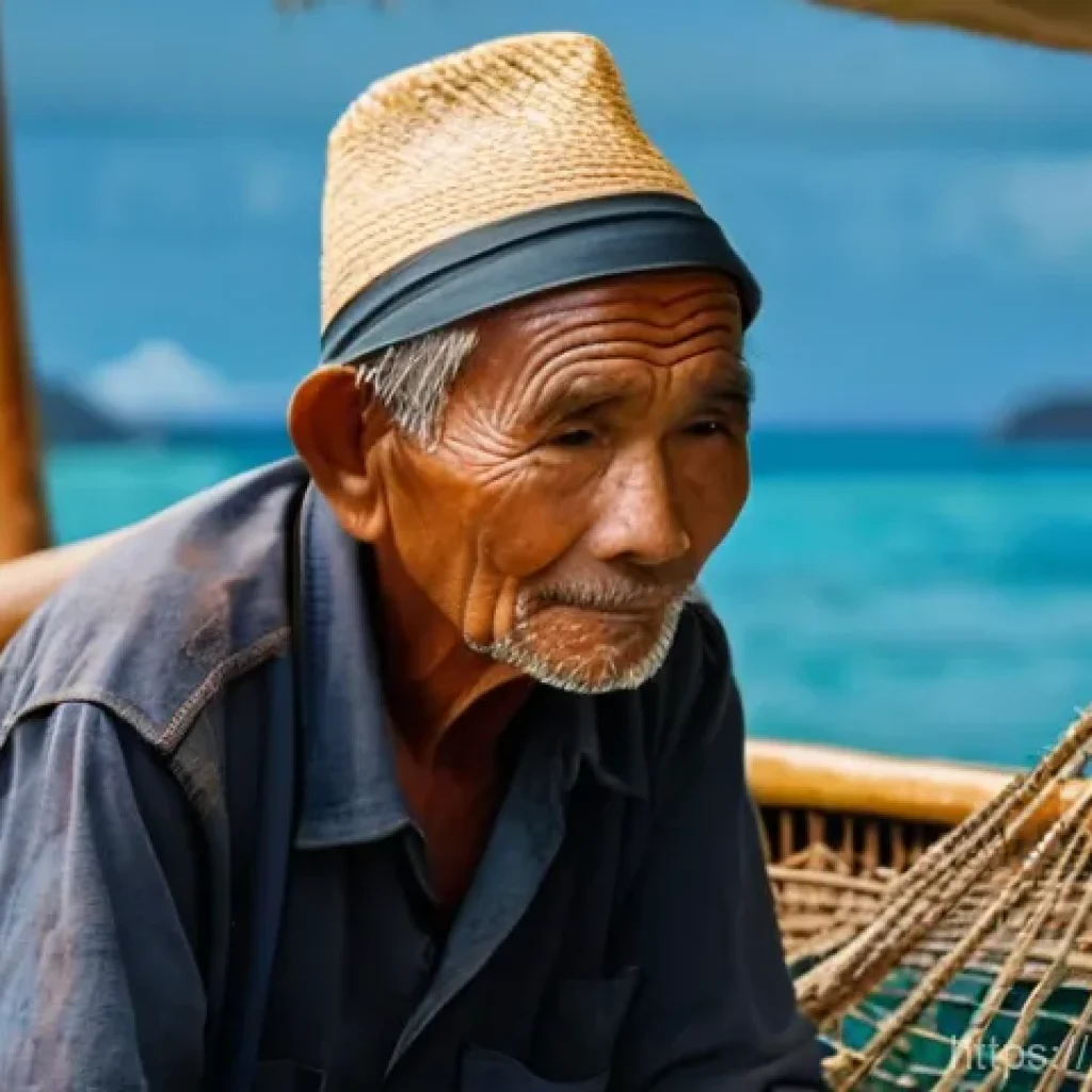 인도네시아의 수산업 현황 - **Prompt 1: "A candid, realistic photograph of an elderly Indonesian artisanal fisherman, with a dee...
