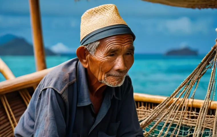 인도네시아의 수산업 현황 - **Prompt 1: "A candid, realistic photograph of an elderly Indonesian artisanal fisherman, with a dee...