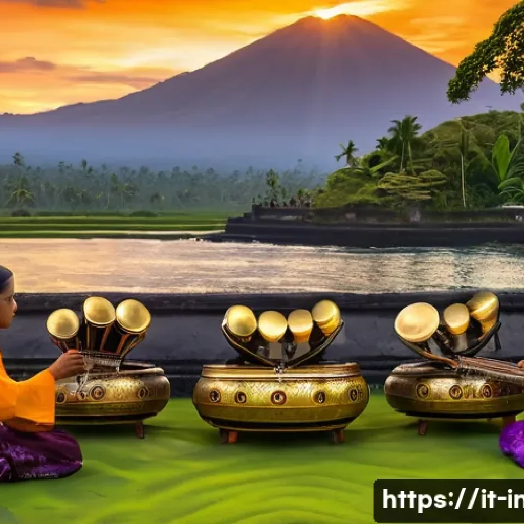 인도네시아 전통 악기 - **Prompt 1: A Gamelan Orchestra at Sunset in Bali**
    "A vibrant and mystical scene of a full Indo...
