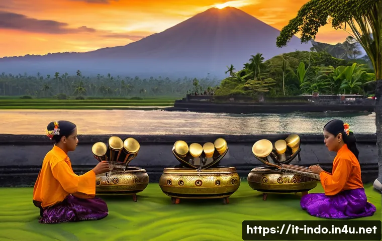 인도네시아 전통 악기 - **Prompt 1: A Gamelan Orchestra at Sunset in Bali**
"A vibrant and mystical scene of a full Indo...