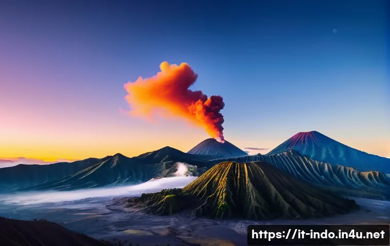 인도네시아 화산 탐험 - **Mount Bromo Sunrise Spectacle:**
"A breathtaking cinematic wide-angle shot capturing the iconi...