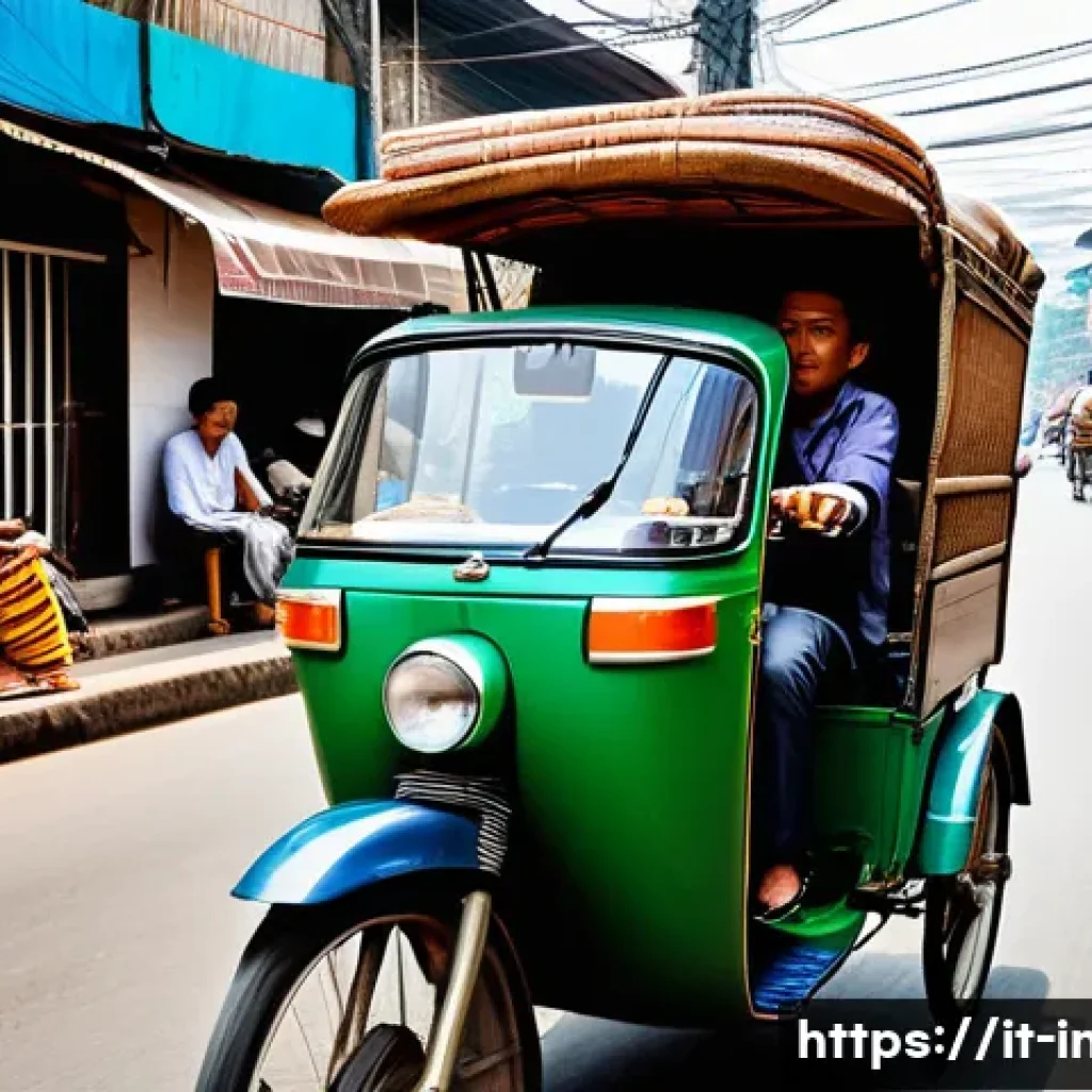 인도네시아의 대중교통 이용법 - A vibrant street scene in Jakarta featuring a traditional becak (pedal rickshaw) navigating through ...