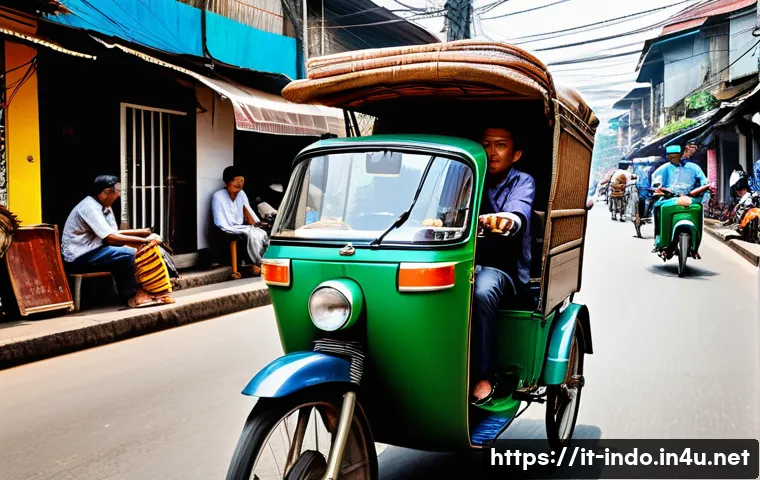 인도네시아의 대중교통 이용법 - A vibrant street scene in Jakarta featuring a traditional becak (pedal rickshaw) navigating through ...
