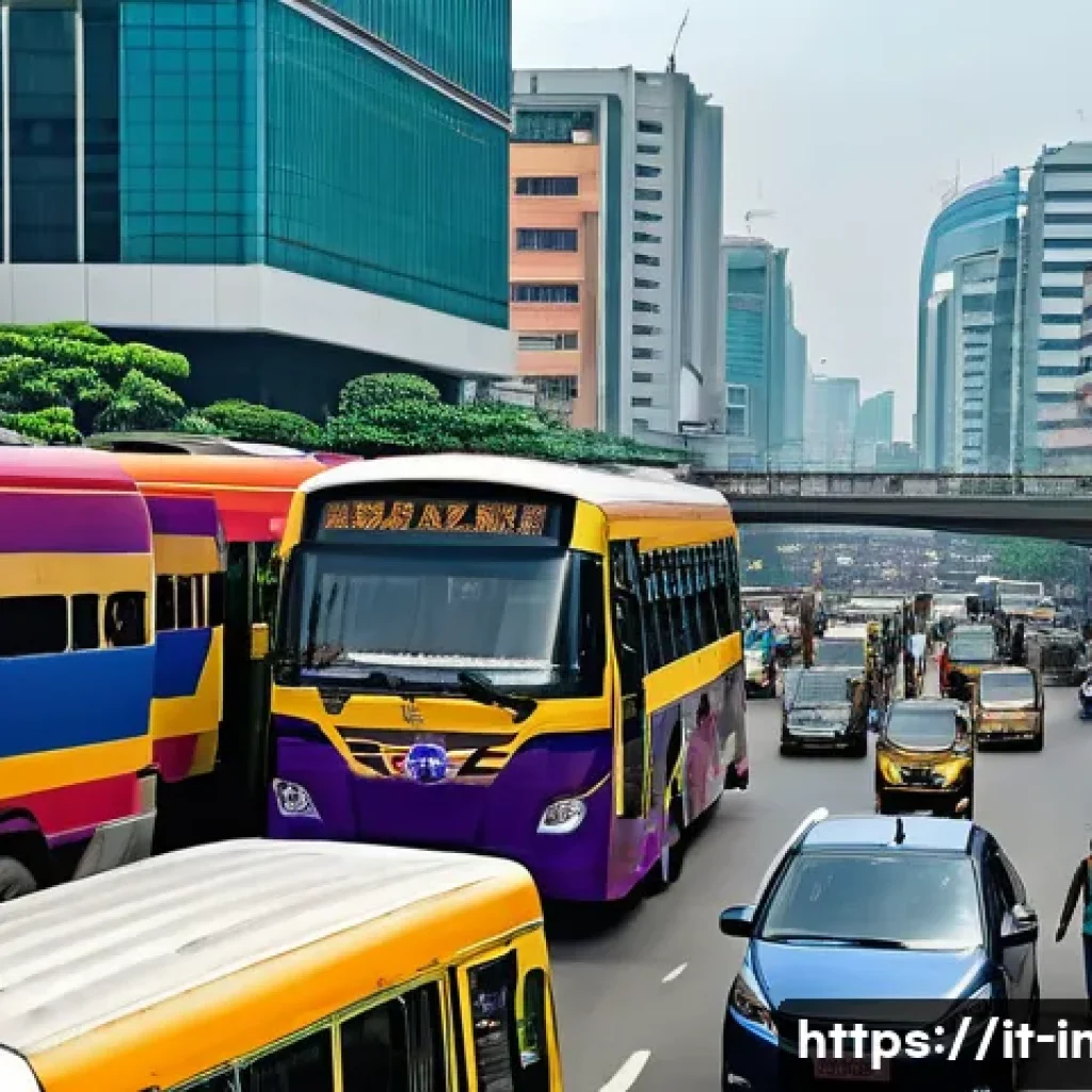 자카르타 교통 상황 - A bustling Jakarta street scene during rush hour, featuring a mix of crowded TransJakarta buses and ...