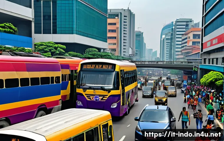 자카르타 교통 상황 - A bustling Jakarta street scene during rush hour, featuring a mix of crowded TransJakarta buses and ...