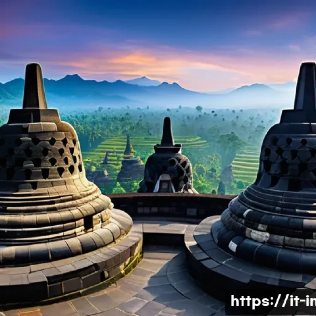 보로부두르 사원 역사 - A panoramic view of Borobudur temple at dawn, showcasing the nine terraces with six square lower lev...
