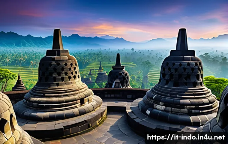 보로부두르 사원 역사 - A panoramic view of Borobudur temple at dawn, showcasing the nine terraces with six square lower lev...