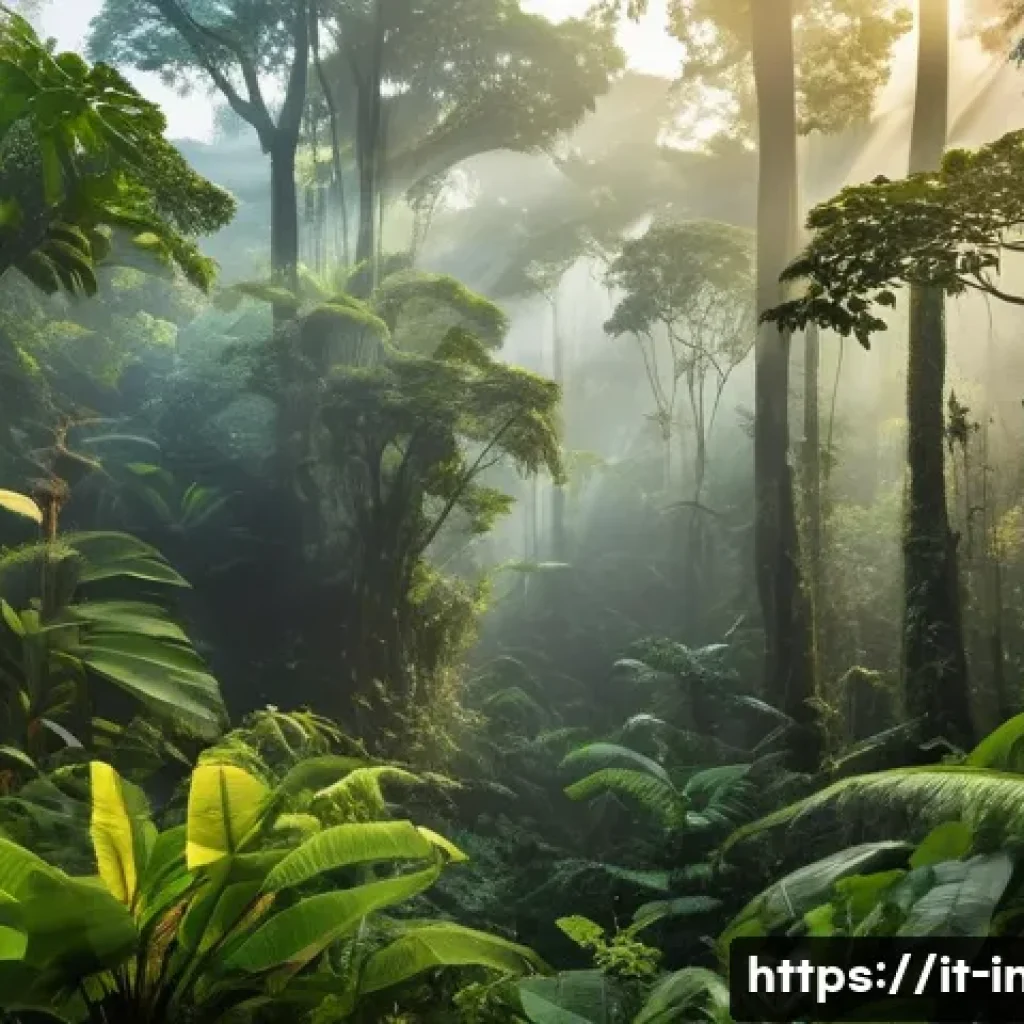 인도네시아의 자연 보호구역 - A vibrant scene of an Indonesian tropical rainforest at dawn, with towering ancient trees covered in...