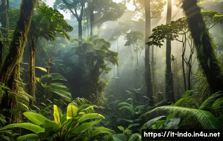 인도네시아의 자연 보호구역 - A vibrant scene of an Indonesian tropical rainforest at dawn, with towering ancient trees covered in...