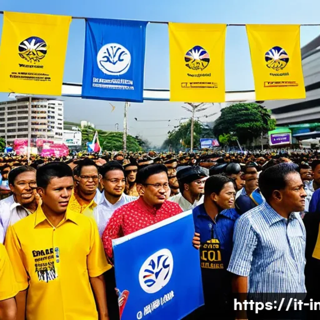 인도네시아 정치 이슈 - A detailed political rally scene in Indonesia showcasing diverse party representatives from the Demo...