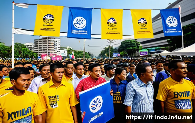인도네시아 정치 이슈 - A detailed political rally scene in Indonesia showcasing diverse party representatives from the Demo...