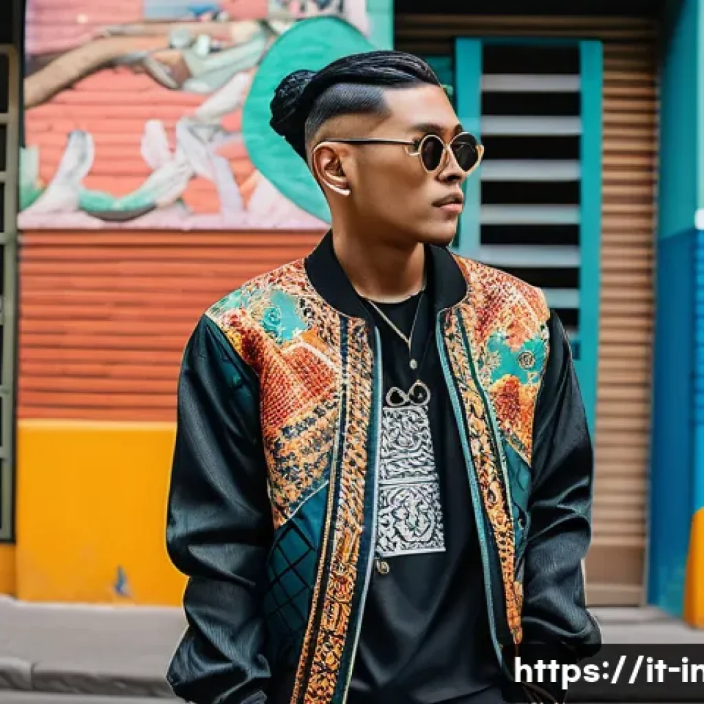 인도네시아 유명 연예인 - A contemporary Indonesian artist standing confidently on a vibrant urban street, wearing a unique fa...