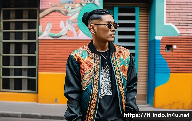 인도네시아 유명 연예인 - A contemporary Indonesian artist standing confidently on a vibrant urban street, wearing a unique fa...