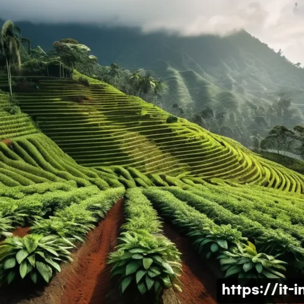 인도네시아 커피 농장 방문 - A lush Indonesian coffee plantation set in misty, mountainous terrain with volcanic soil visible, ro...