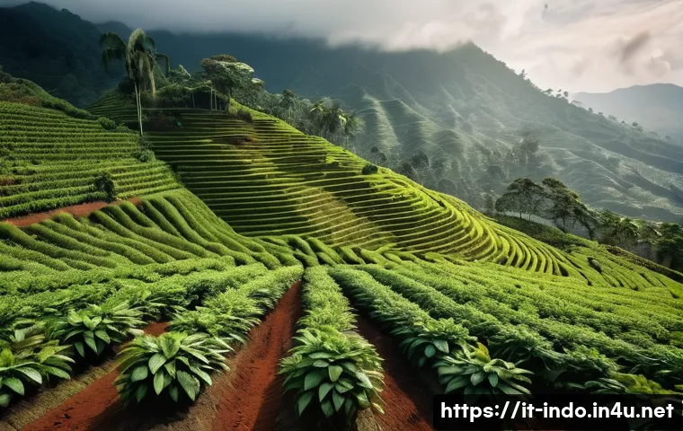 인도네시아 커피 농장 방문 - A lush Indonesian coffee plantation set in misty, mountainous terrain with volcanic soil visible, ro...