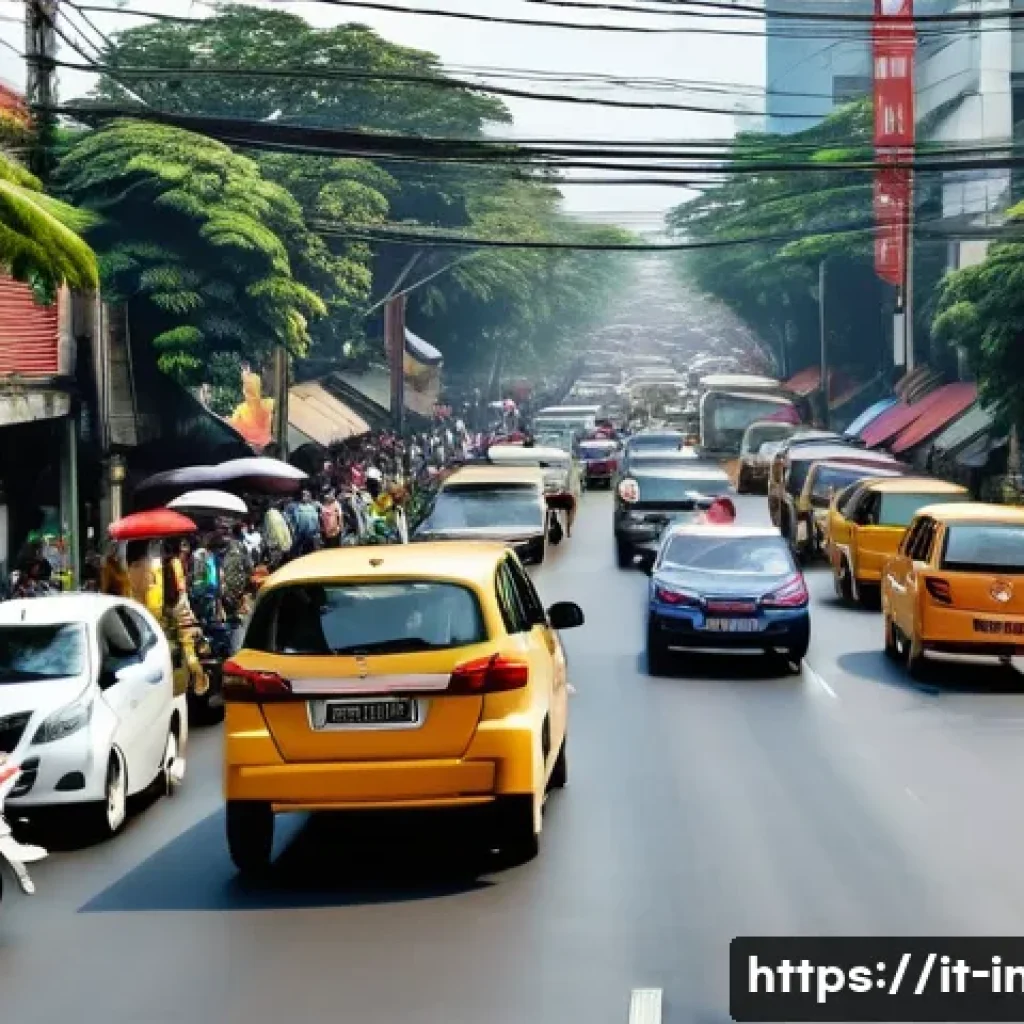 인도네시아 교통법 주의사항 - A busy urban street scene in Jakarta during rush hour, featuring a diverse range of vehicles includi...