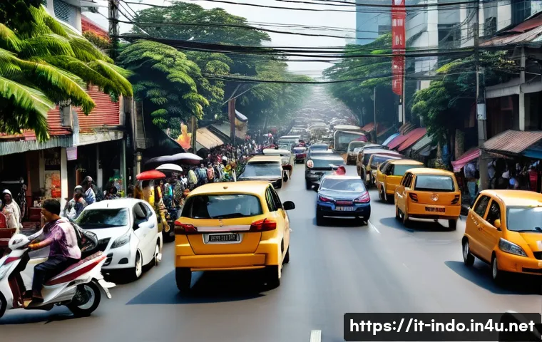 인도네시아 교통법 주의사항 - A busy urban street scene in Jakarta during rush hour, featuring a diverse range of vehicles includi...