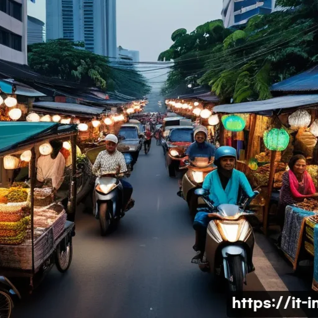 인도네시아 도시별 특징 - A bustling Jakarta street scene at dusk, showcasing a striking contrast between sleek modern skyscra...