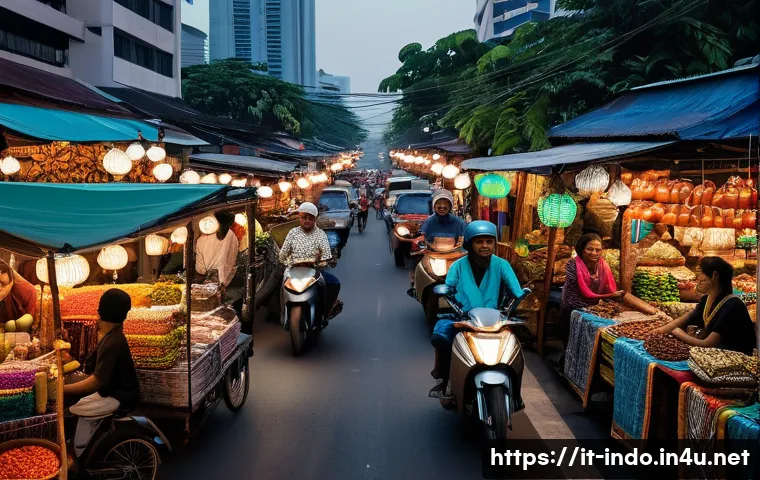인도네시아 도시별 특징 - A bustling Jakarta street scene at dusk, showcasing a striking contrast between sleek modern skyscra...