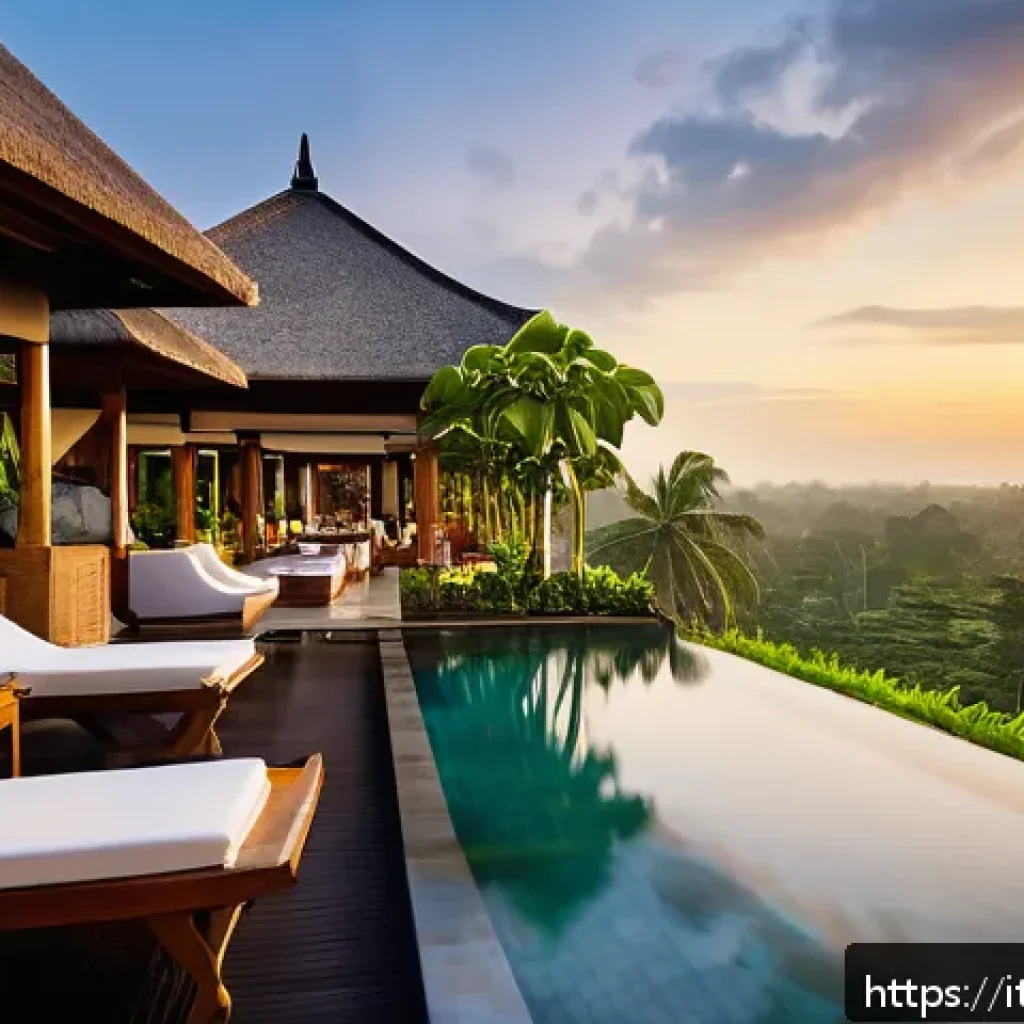 발리 공항 근처 호텔 - A luxurious Balinese resort near Ngurah Rai Airport at sunset, featuring an infinity pool overlookin...