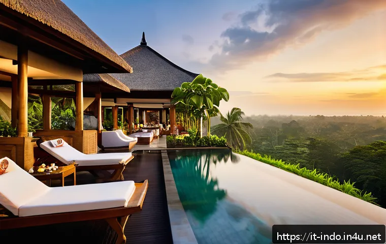 발리 공항 근처 호텔 - A luxurious Balinese resort near Ngurah Rai Airport at sunset, featuring an infinity pool overlookin...