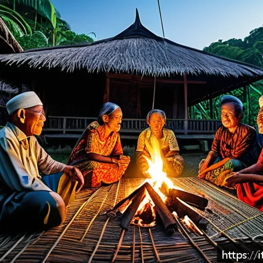 인도네시아의 민족적 다양성 - A vibrant traditional Indonesian storytelling scene at night in Sulawesi: elderly villagers dressed ...