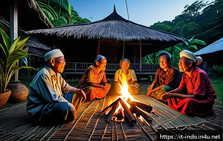 인도네시아의 민족적 다양성 - A vibrant traditional Indonesian storytelling scene at night in Sulawesi: elderly villagers dressed ...