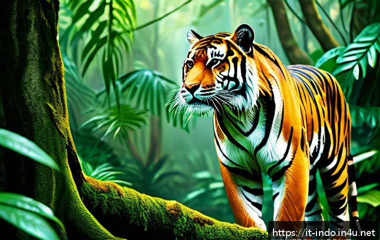 인도네시아 수마트라 호랑이 - A majestic Sumatran tiger in its natural primary rainforest habitat, showcasing its vibrant orange c...