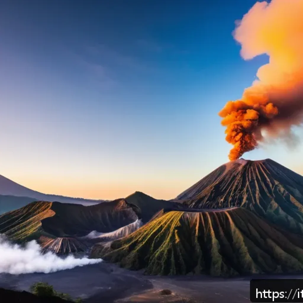 인도네시아의 화산 분화 기록 - A breathtaking sunrise scene over Gunung Bromo volcano in Indonesia, featuring a vast lunar-like vol...