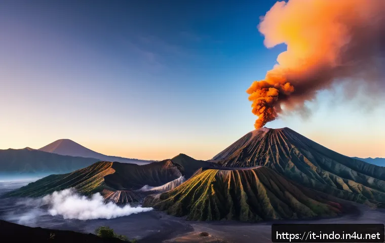 인도네시아의 화산 분화 기록 - A breathtaking sunrise scene over Gunung Bromo volcano in Indonesia, featuring a vast lunar-like vol...