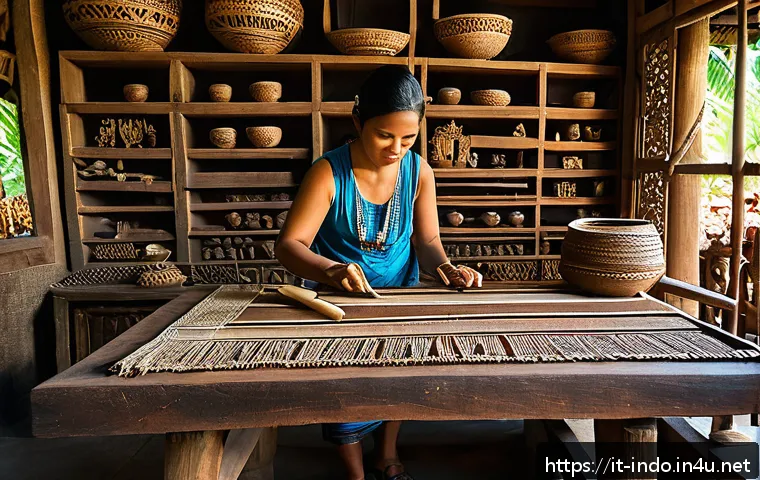 발리의 우붓 예술 마을 - A traditional Balinese artisan workshop scene in Ubud, featuring skilled craftsmen and craftswomen c...