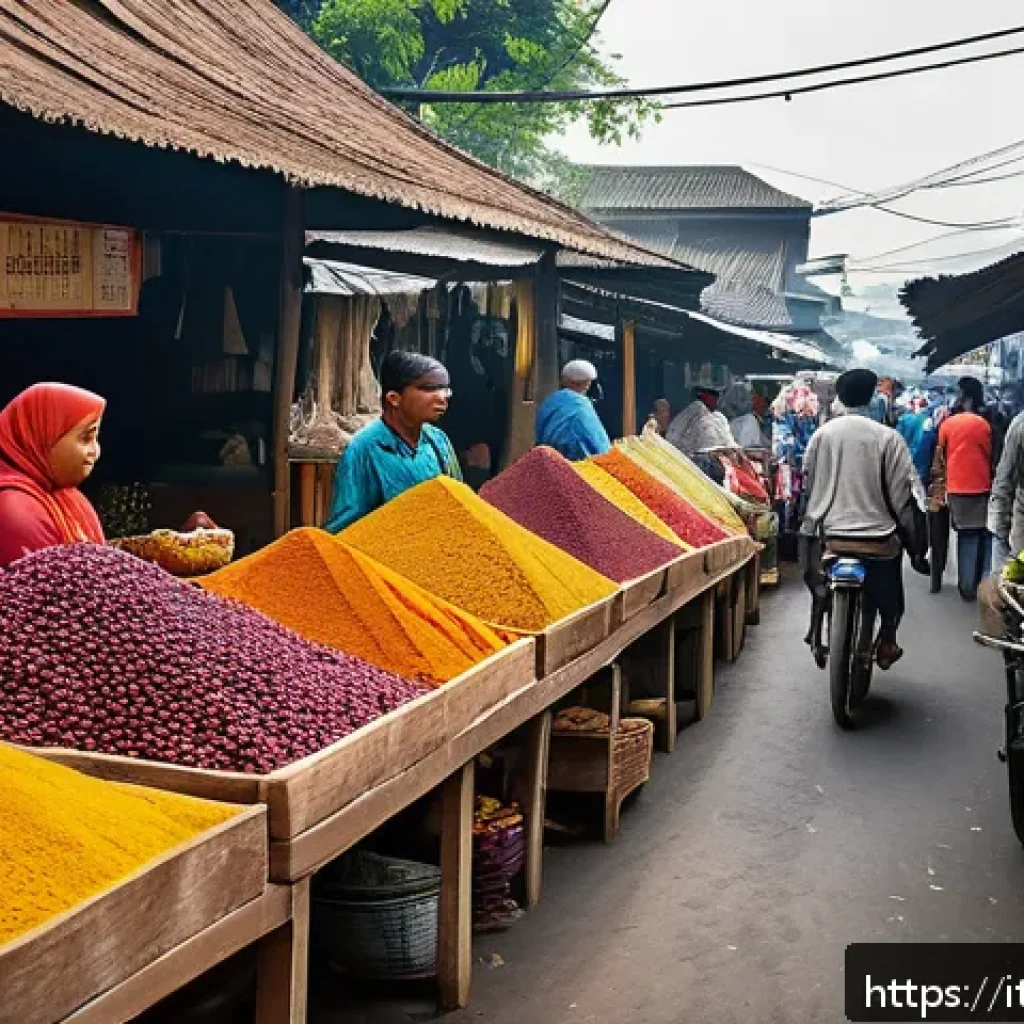 족자카르타에서의 전통 음식 투어 - A bustling traditional market scene in Yogyakarta at early morning, vibrant stalls filled with color...