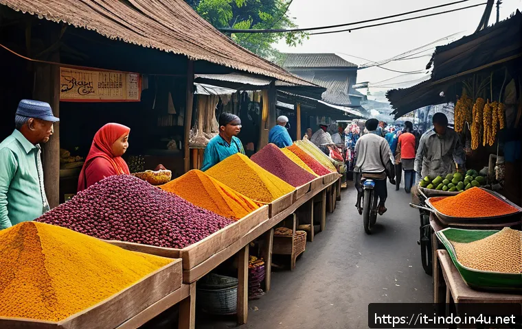 족자카르타에서의 전통 음식 투어 - A bustling traditional market scene in Yogyakarta at early morning, vibrant stalls filled with color...