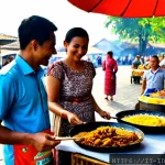 인도네시아의 음식 축제 - Photorealistic Indonesian food festival in a sunlit town square, Italian visitors and local families...