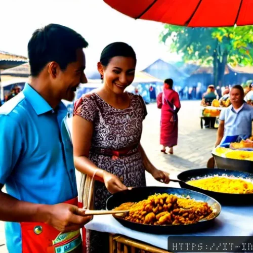인도네시아의 음식 축제 - Photorealistic Indonesian food festival in a sunlit town square, Italian visitors and local families...
