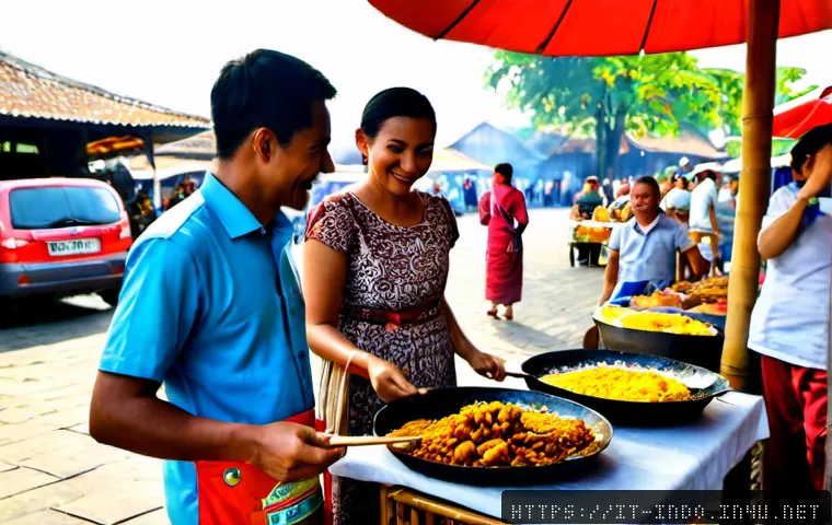 인도네시아의 음식 축제 - Photorealistic Indonesian food festival in a sunlit town square, Italian visitors and local families...